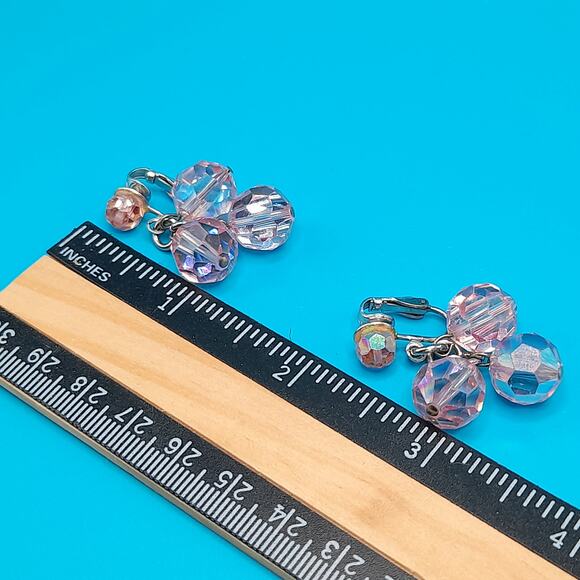 Vintage Light Pink Crystal Earrings, Clip Clasps, Silver Tone - Picture 8 of 8